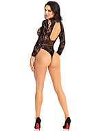 Seductive teddy, stretch net, floral lace, long sleeves, turtle neck, net inlay